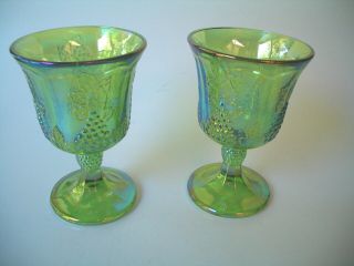 2 - Vintage Indiana Harvest Grape Green Carnival Glass Goblets Wine Glass