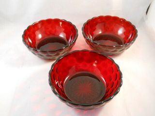 3 VINTAGE ANCHOR HOCKING ROYAL RUBY RED BUBBLE GLASS BERRY BOWLS 2