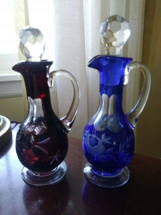 Vintage Cruet Set Cobalt Blue & Red Cut To Clear Glass Crystal