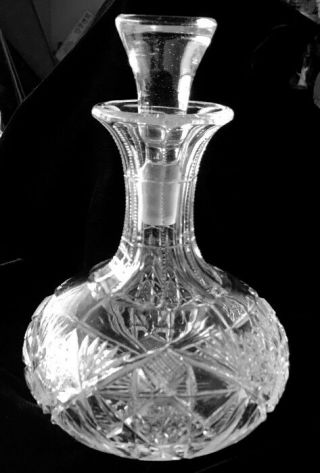 Antique Abp 9.  5 " Cut Glass Crystal Liquor Decanter Hand Etched Hobstar Fans,  B1
