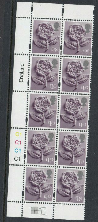 England 2020 £1.  63 X 10 Tudor Rose Stamp Sg.  No.  En63 Cylinder C1 Block Mnh
