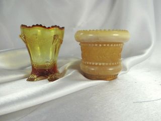 2 Vintage Glass Toothpick Holders Jefferson Swag Brackets Holly Amber Chocolate