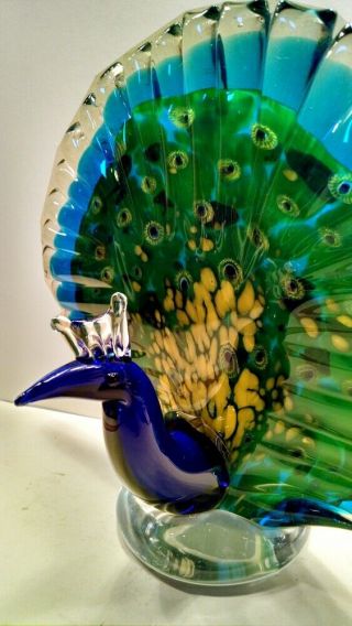 Stunning Art Glass PEACOCK Bird Figurine Murano Paperweight 7.  75 