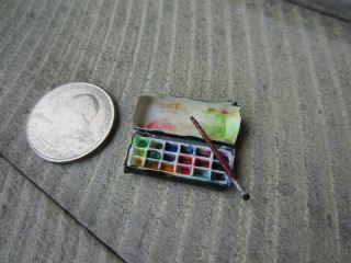Artisan Dollhouse Miniature Tin Metal Water Color Paint Box & Brush Set