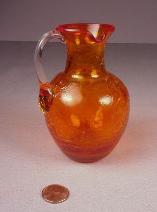 Vintage Orange Crackle Glass Mini Pitcher With Handle 4.  5 " Tall Great Coloring