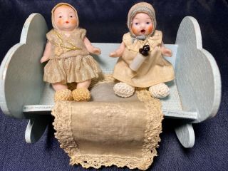 Pair Antique Dollhouse German Miniature All Bisque Joint Baby Dolls 2 1/2 "