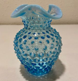 Fenton Vintage Blue Opalescent Hobnail Vase 5 1/2” Tall