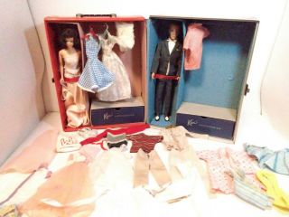 Vintage 1964 Barbie & Ken Double Case With Clothes,  Hangers,  Itc