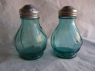 Vintage Jeannette Glass Ultramarine Petal Swirl Salt & Pepper Set,  Metal Covers