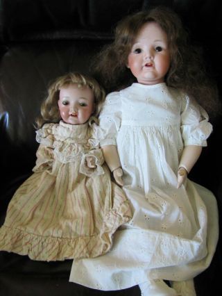 Two Antique Japanese Bisque Head Dolls - Jointed Composition Body Girl And Baby