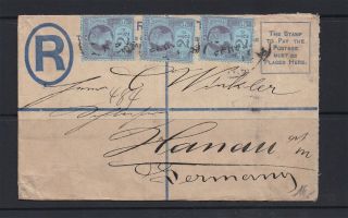 Lot:35373 Gb Qv Registered Cover To Germany Date Not Visable 3x 2 1/2d Blue