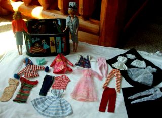 Vintage Bubble Cut & Midge Barbie Dolls W/ 1961 Ponytail Case & Black Label Clot