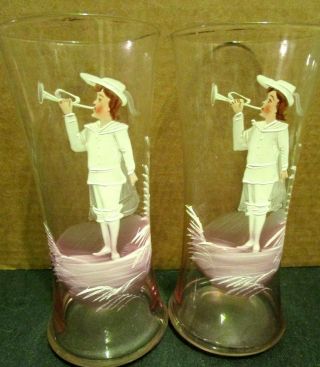 Gorgeous Pair Antique Bohemian Mary Gregory Pilsner Glasses Exceptional Painting