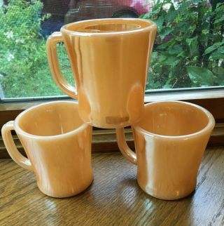 3 Vintage Fire King Oven Ware Peach Luster D Handle Coffee Cups Mugs Usa
