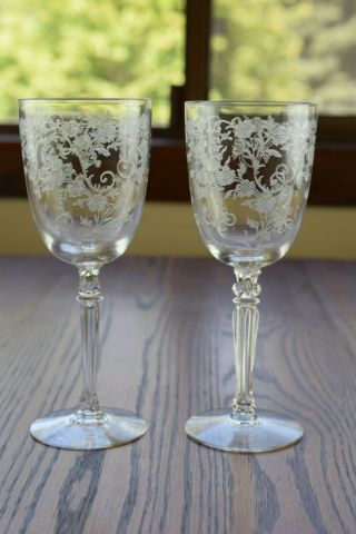 2 Fostoria Etched Crystal Buttercup 7 7/8 " Water Goblet Glasses