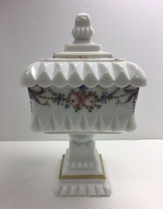 Vintage Milk Glass Westmoreland Pedestal Candy Dish W/ Lid Flowers & Ribbons