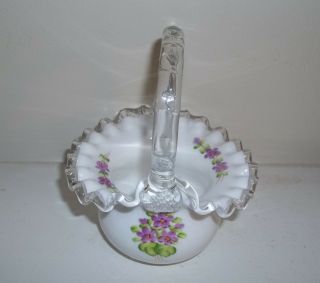 Fenton Silvercrest Hand Painted Violets In The Snow Basket 6 " Unsigned