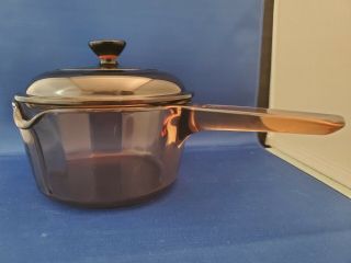 Corning Ware Visions Sculptured Amber Glass 1.  5 L Saucepan / Spout /lid France