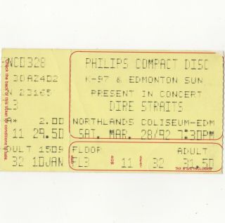 Dire Straits Concert Ticket Stub Edmonton Ab Canada 3/28/92 On Every Street Tour