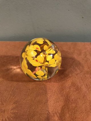 Vintage Art Glass Hand Made Paperweight With Yellow Flowers