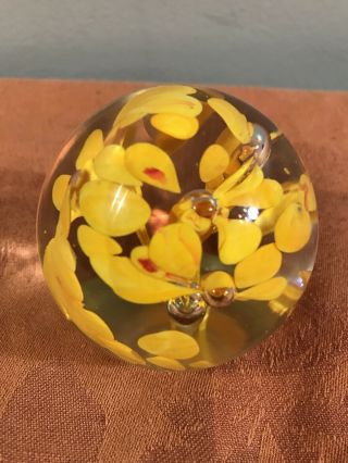 Vintage Art Glass Hand Made Paperweight with Yellow Flowers 2
