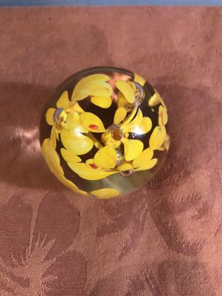 Vintage Art Glass Hand Made Paperweight with Yellow Flowers 3