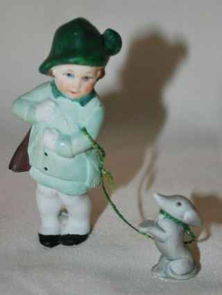 Antique Hertwig German Bisque Dollhouse Doll With Leashed Pet Girl With Dog Ec