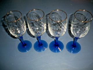 4 Lenox Cobalt Blue Stem Wine Water Swag Draped Gold Rim Goblets Glasses