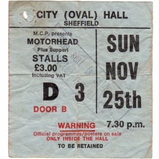 Motorhead Concert Ticket Stub Sheffield Uk 11/25/80 City Hall Ace Of Spades Tour