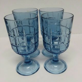 Vintage Anchor Hocking Tartan Blue Glass Water Wine Goblets Set Of 4