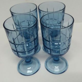 Vintage Anchor Hocking Tartan Blue Glass Water Wine Goblets Set of 4 2
