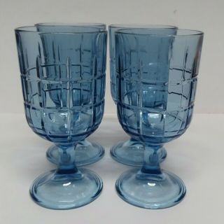 Vintage Anchor Hocking Tartan Blue Glass Water Wine Goblets Set of 4 3