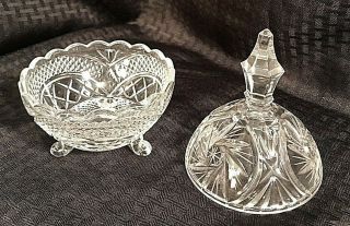 Lead Crystal Clear Candy Dish Lid Heavy Vintage Cut Glass Footed Pin Wheel 757e2