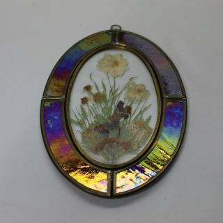 Vintage Framed Ruby Red Iridescent Stained Glass Wall Hanger Art Dried Flowers