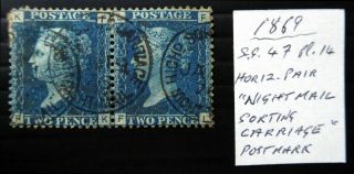 Gb 1869 - 2d Blue With Night Mail Sorting Carriage Pmk As Described Cx12