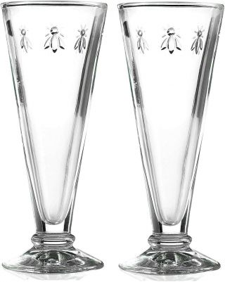 La Rochere Bee Flute Glass.  Set Of 2.  Made In France.  Clear Pressed Glass 3d Bee