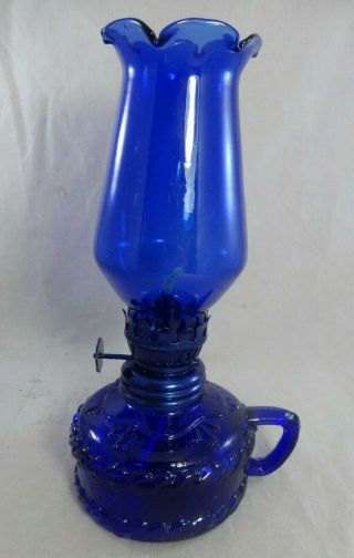 Vintage Mini Oil Lamp Cobalt Blue Glass W/ Handle 7 1/2 " High
