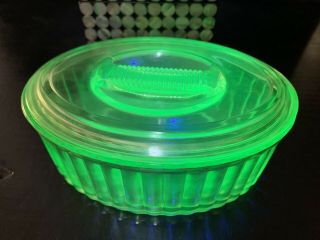 Green Vaseline Depression Glass Covered Oval Refrigerator Dish Ribbed