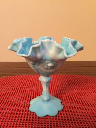 Vtg Fenton Footed Stand Dish Ruffle Edge Blue Turquoise Milk Glass 6” Tall