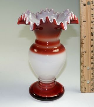 Art Glass Vase Cranberry Ruby Red,  White Cased,  Ruffled Top,  5 3/4 ",  Hand Made