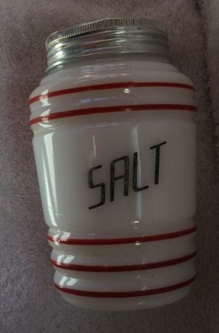 Vintage White Milk Glass Salt Shaker Range Bee Hive Red With Black Letters Lid