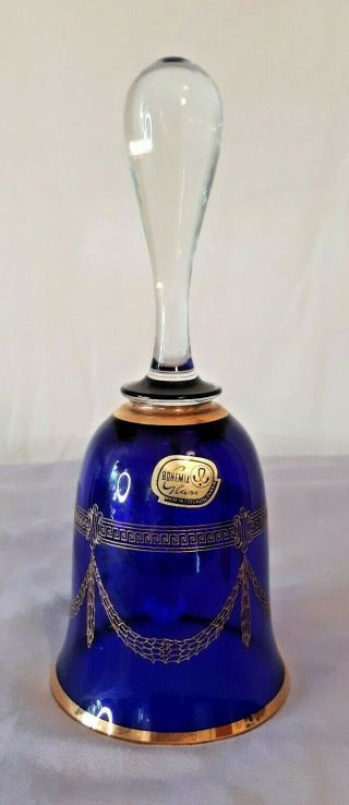Vintage Bohemian Czech Art Glass Cobalt Blue And Gold Bell Greek Key Pattern