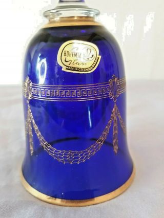 Vintage Bohemian Czech Art Glass Cobalt Blue And Gold Bell Greek Key Pattern 2