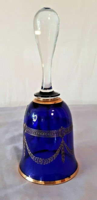 Vintage Bohemian Czech Art Glass Cobalt Blue And Gold Bell Greek Key Pattern 3
