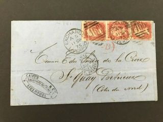 Postal History Gb Qv 1875 1d Red Strip Of 3 With Liverpool 466 Entire To France