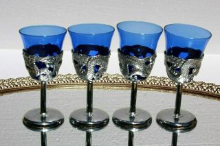 4 Cobalt Blue Wine Glasses Vintage Sherry Cordial 40ml Dragon Metal Base 4 " Rare