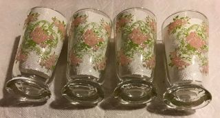 Vintage Set 4 Libbey Pink Floral Design Drinking Glasses 1950 