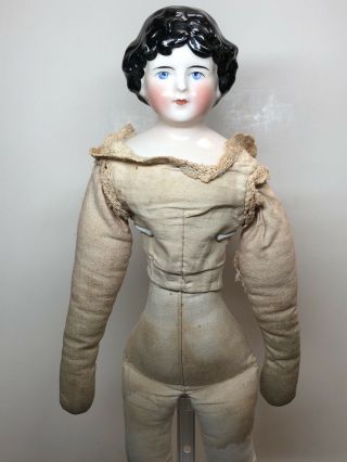 14” Antique Porcelain Kling German China Head Doll Black Hair 176 - Z Cloth Body L