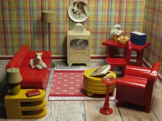 Strombecker Living Room Set W/ Television,  Vintage Wooden Dollhouse Furniture