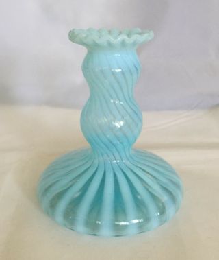 Vintage Fenton Blue Opalescent Spiral Optic Opalescent Pancake Candle Holder 4 "